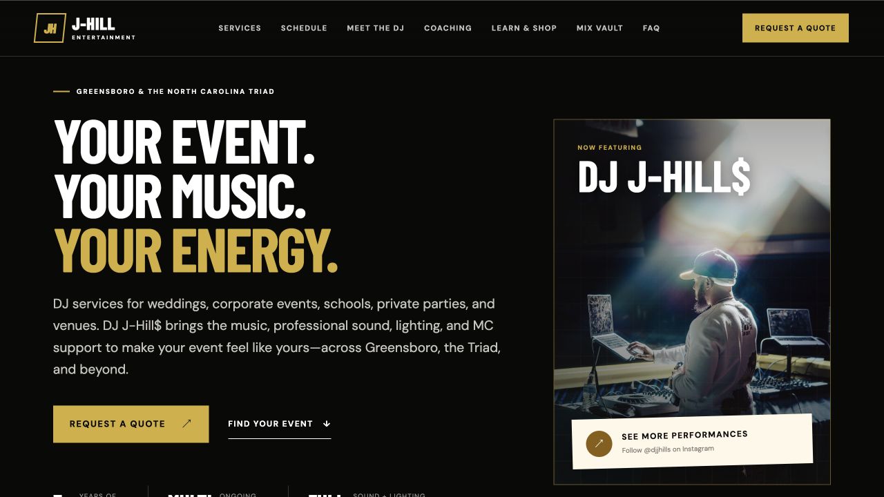J-Hill Entertainment’s real homepage, with service information and a request-a-quote button